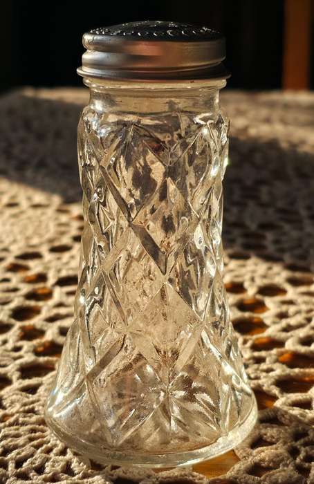 Vintage  Salt Glass Shaker Diamond Pattern  Aluminum Lid