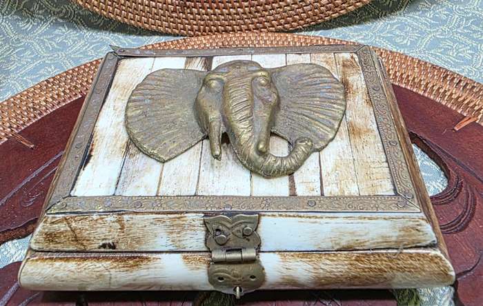 Vintage Trinket Jewelry Box Camel Bone Brass Elephant Head