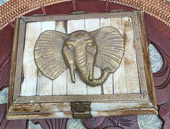 Vintage Trinket Jewelry Box Camel Bone Brass Elephant Head