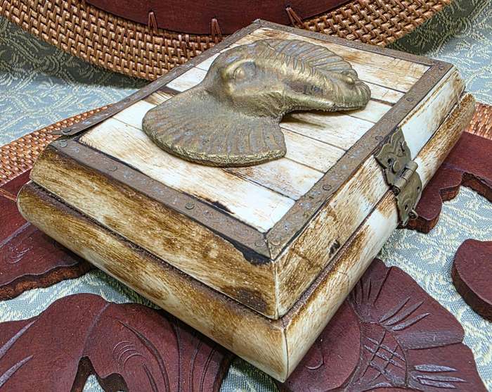 Vintage Trinket Jewelry Box Camel Bone Brass Elephant Head