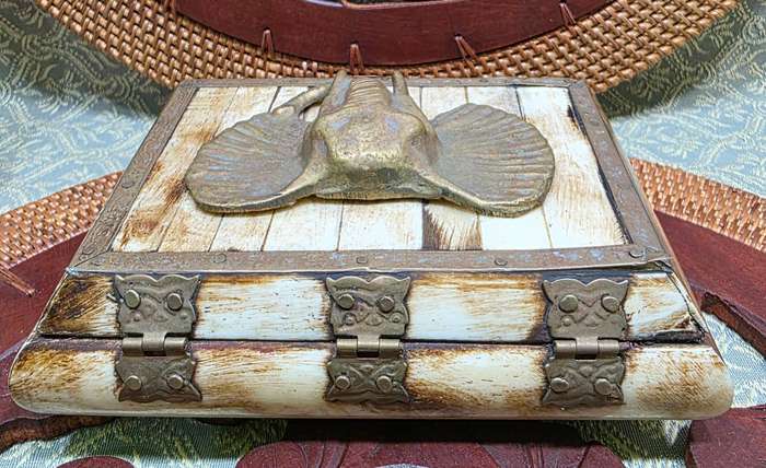 Vintage Trinket Jewelry Box Camel Bone Brass Elephant Head