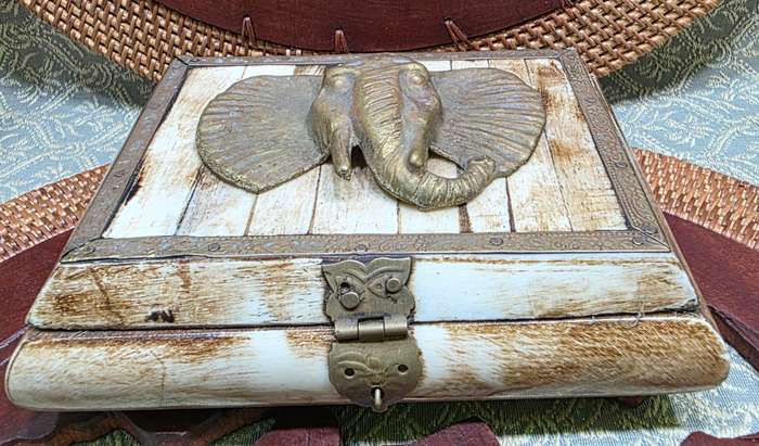 Vintage Trinket Jewelry Box Camel Bone Brass Elephant Head