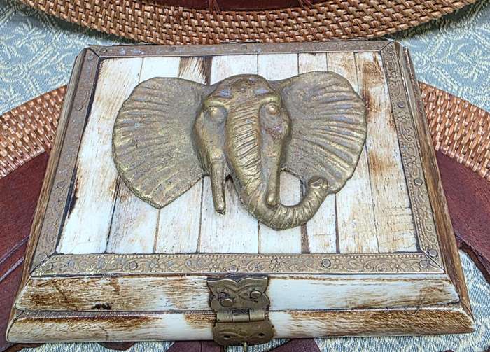 Vintage Trinket Jewelry Box Camel Bone Brass Elephant Head