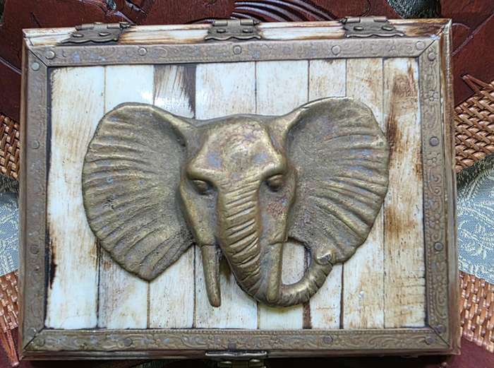 Vintage Trinket Jewelry Box Camel Bone Brass Elephant Head
