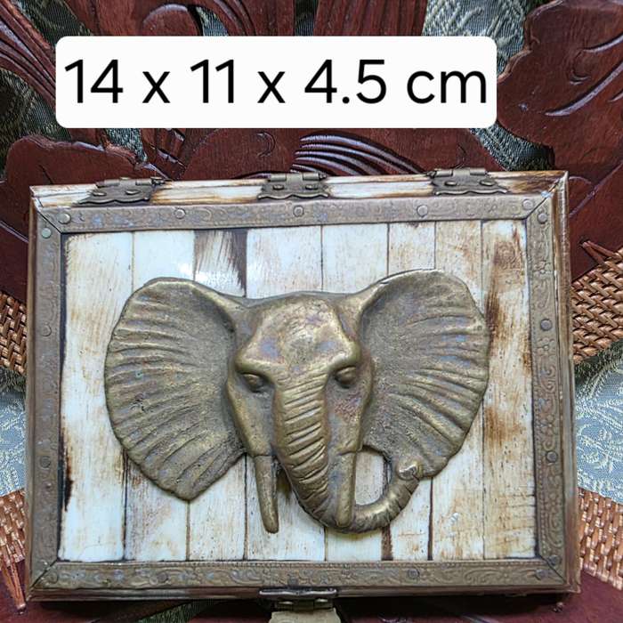 Vintage Trinket Jewelry Box Camel Bone Brass Elephant Head