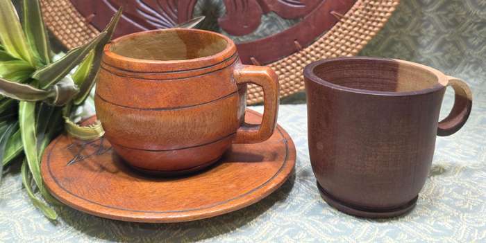 2 WOODEN CUPS & SAUCER