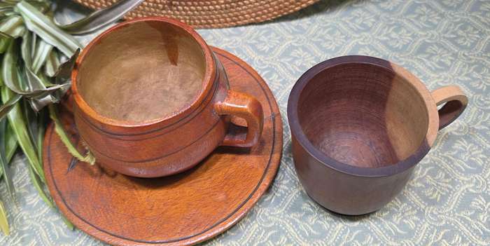 2 WOODEN CUPS & SAUCER