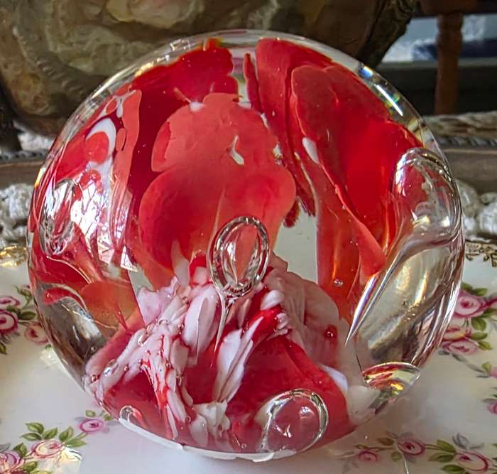Vintage Blown Glass Paperweight  White & Bright Orange/Red with Bubbles