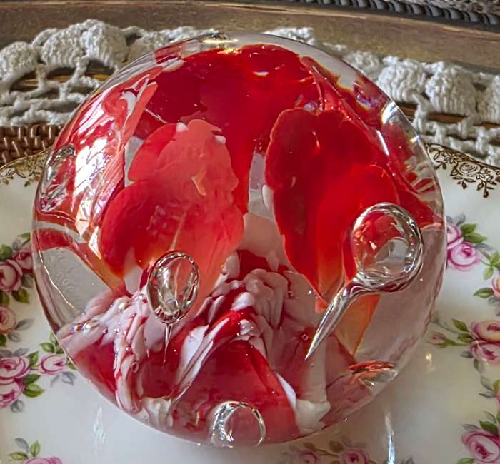 Vintage Blown Glass Paperweight  White & Bright Orange/Red with Bubbles