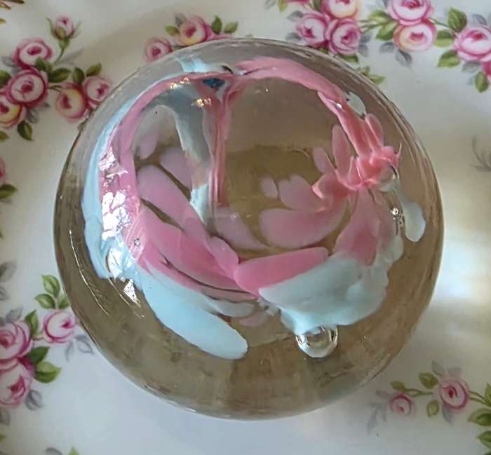 Vintage Blown Glass Paperweight White & Pink with Bubbles