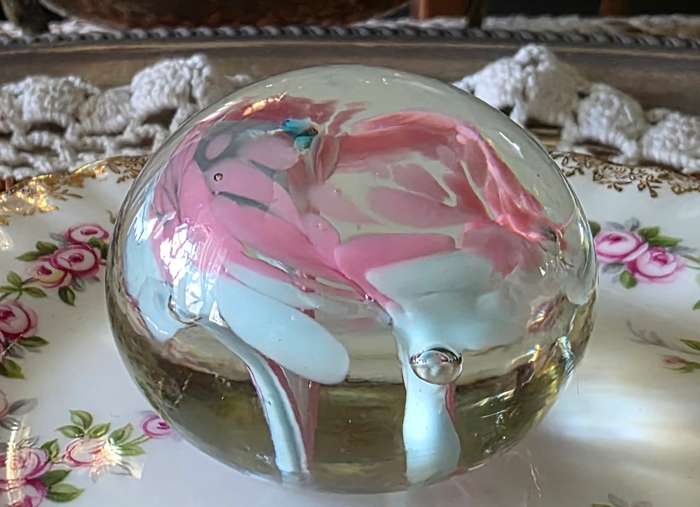 Vintage Blown Glass Paperweight White & Pink with Bubbles