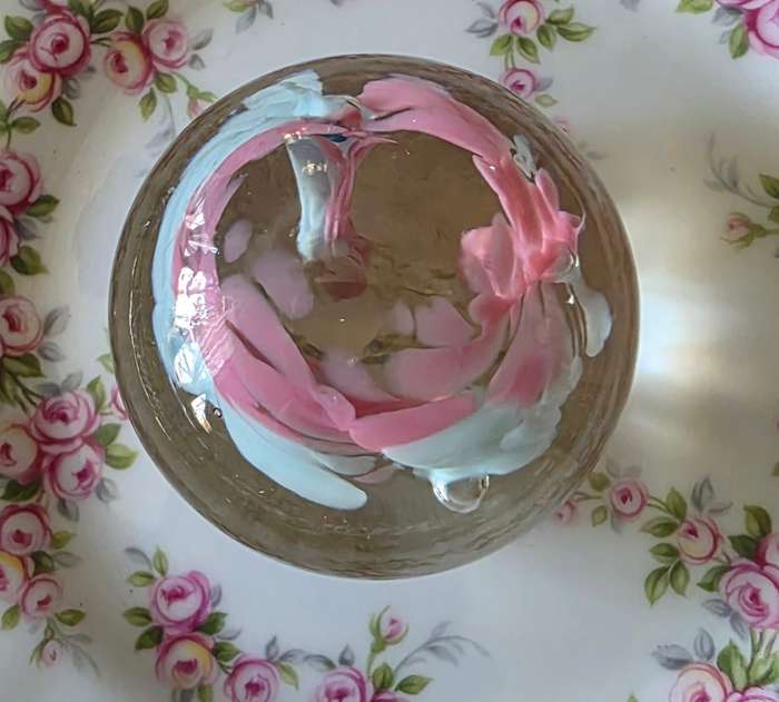 Vintage Blown Glass Paperweight White & Pink with Bubbles