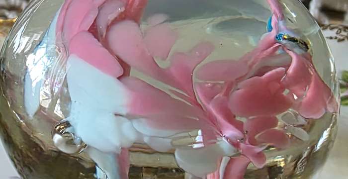 Vintage Blown Glass Paperweight White & Pink with Bubbles