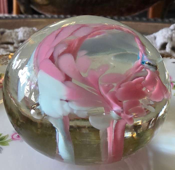 Vintage Blown Glass Paperweight White & Pink with Bubbles