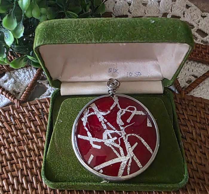 Vintage Red Resin Pendant with Silver Strips