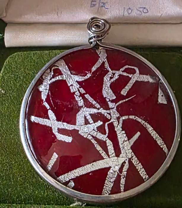 Vintage Red Resin Pendant with Silver Strips