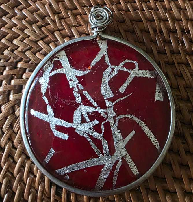 Vintage Red Resin Pendant with Silver Strips