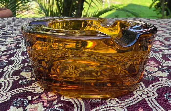 Pretty Amber Glass - Mid Century Ashtray - Very Heavy and Solid