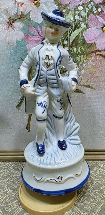 Vintage Blue and White Victorian Man Porcelain Figurine Music Box