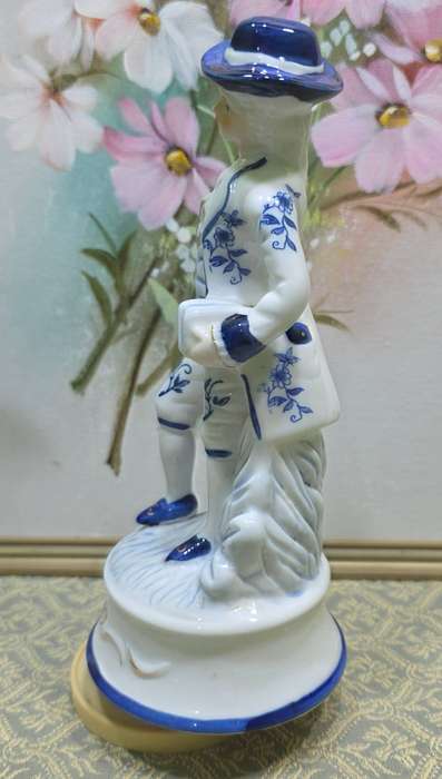 Vintage Blue and White Victorian Man Porcelain Figurine Music Box