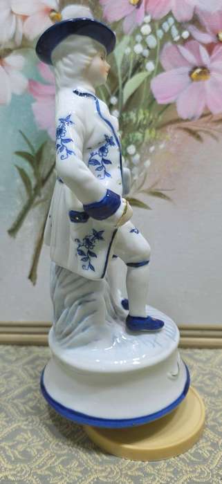 Vintage Blue and White Victorian Man Porcelain Figurine Music Box