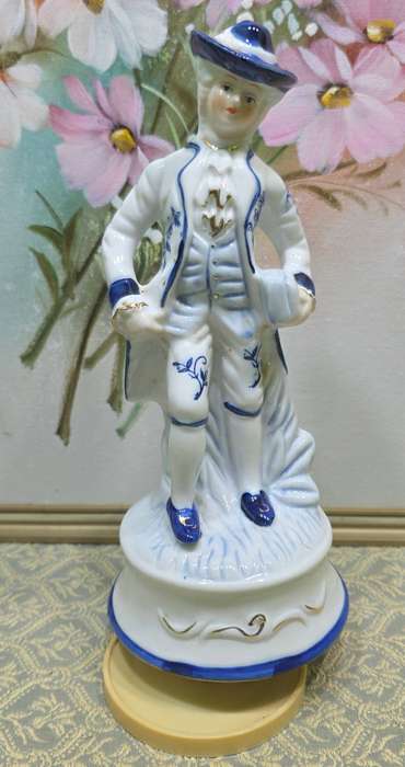 Vintage Blue and White Victorian Man Porcelain Figurine Music Box