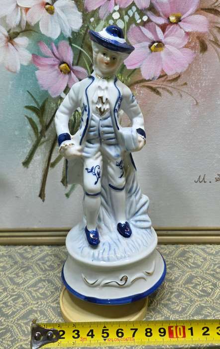 Vintage Blue and White Victorian Man Porcelain Figurine Music Box