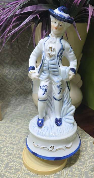 Vintage Blue and White Victorian Man Porcelain Figurine Music Box