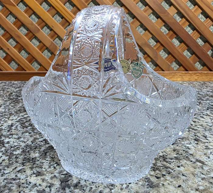 Vintage Bohemian Crystal Basket | Cut & Etched Glass | Original Stickers