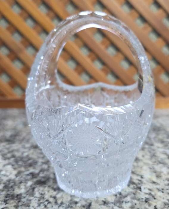 Vintage Bohemian Crystal Basket | Cut & Etched Glass | Original Stickers