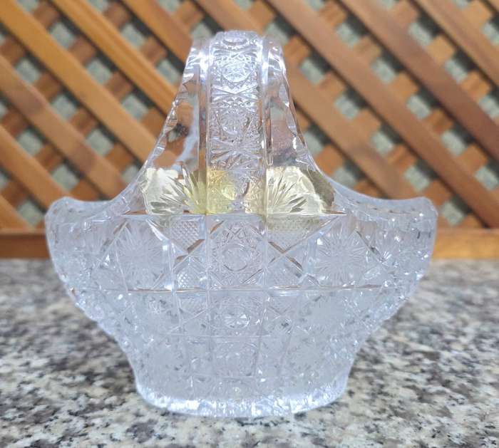 Vintage Bohemian Crystal Basket | Cut & Etched Glass | Original Stickers