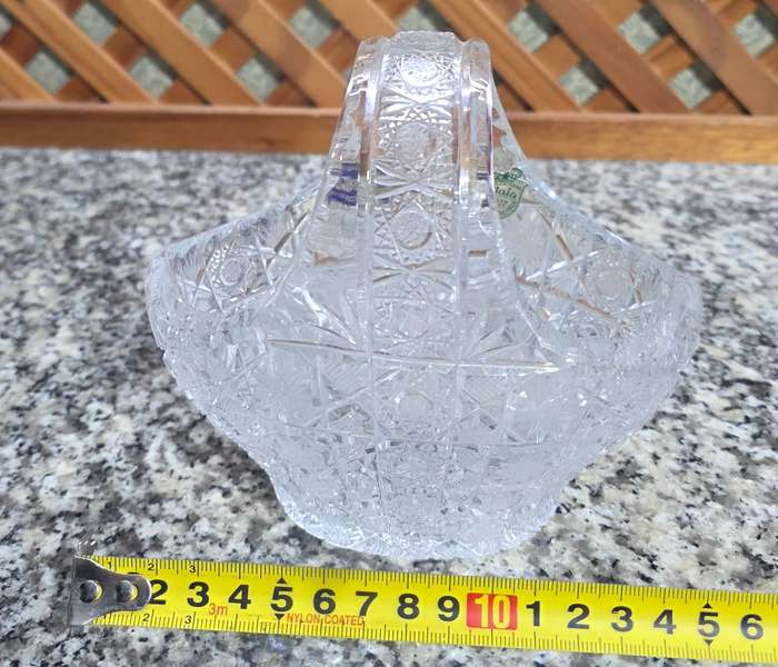 Vintage Bohemian Crystal Basket | Cut & Etched Glass | Original Stickers