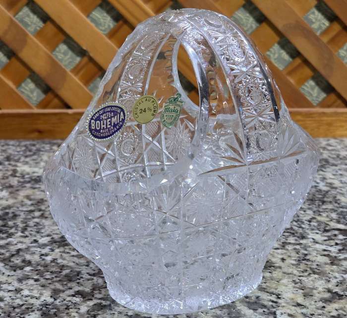 Vintage Bohemian Crystal Basket | Cut & Etched Glass | Original Stickers