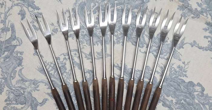 Set of 12 INOX Fondue Forks  Wooden Handles