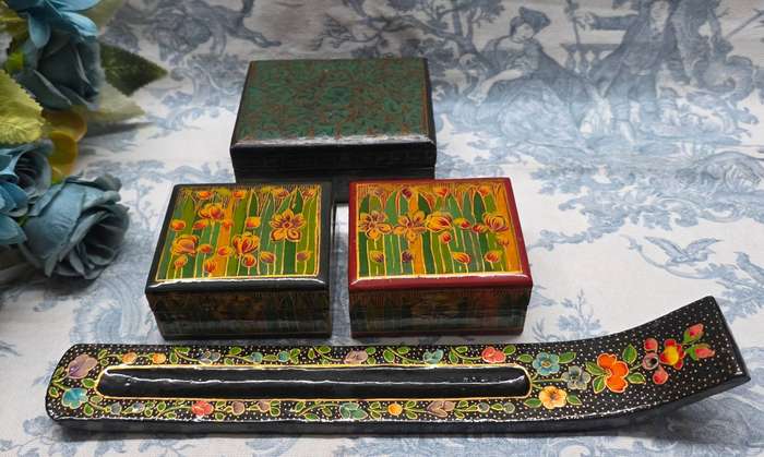 Set of Papier-Mâché Treasures  Incense Burner & Trinket Boxes