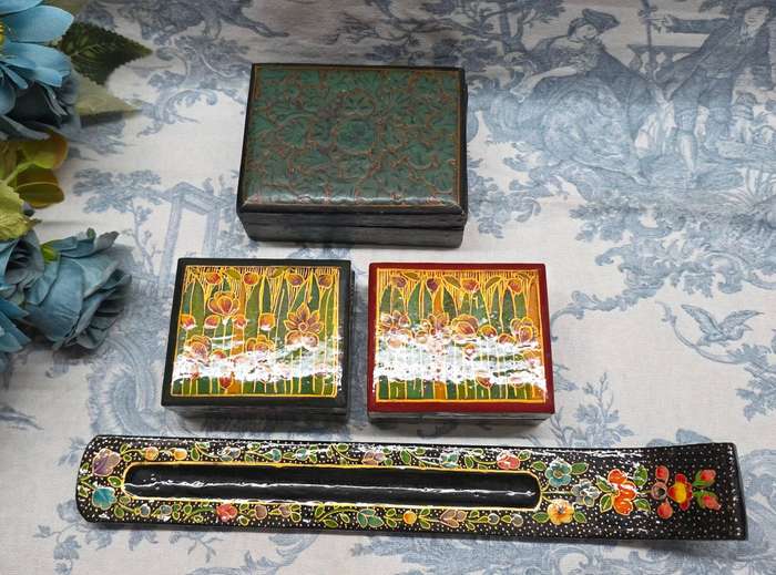 Set of Papier-Mâché Treasures  Incense Burner & Trinket Boxes