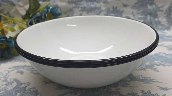 Retro Enamel Charm  Set of Vintage White Bowls with Black Rim