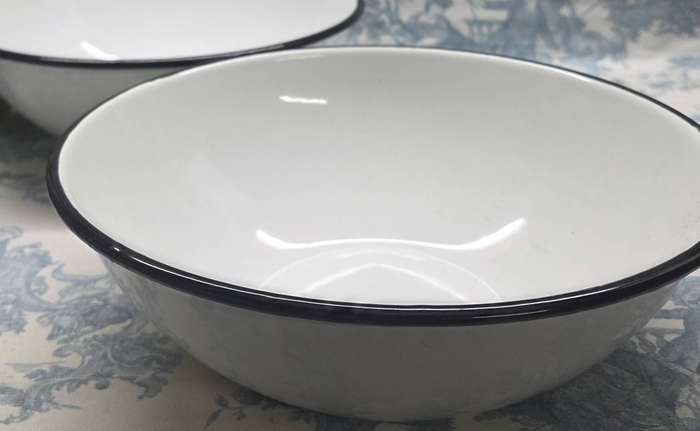 Retro Enamel Charm  Set of Vintage White Bowls with Black Rim