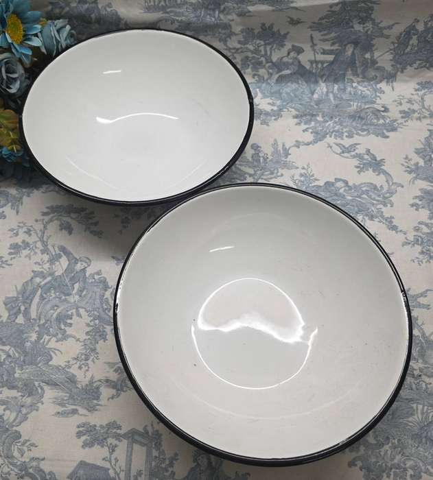 Retro Enamel Charm  Set of Vintage White Bowls with Black Rim