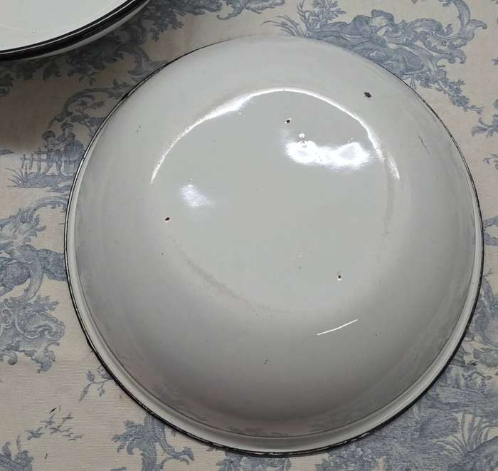 Retro Enamel Charm  Set of Vintage White Bowls with Black Rim
