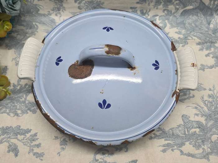 Vintage Enamel & Cast Iron Oven Bowl with Lid