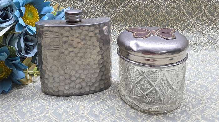 Hip Flask and Butterfly Cut Glass Jar