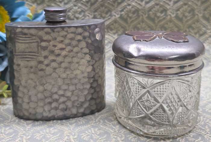 Hip Flask and Butterfly Cut Glass Jar