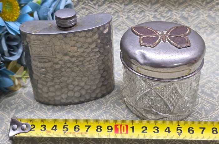 Hip Flask and Butterfly Cut Glass Jar