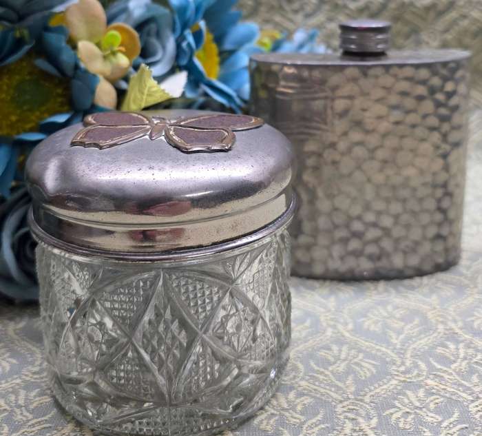 Hip Flask and Butterfly Cut Glass Jar