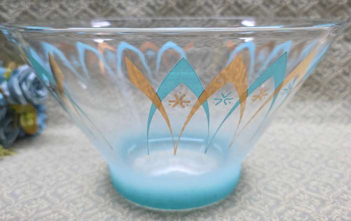 Vintage Anchor Hocking Mid Century Atomic Chip Serving Bowl, Blue & Gold