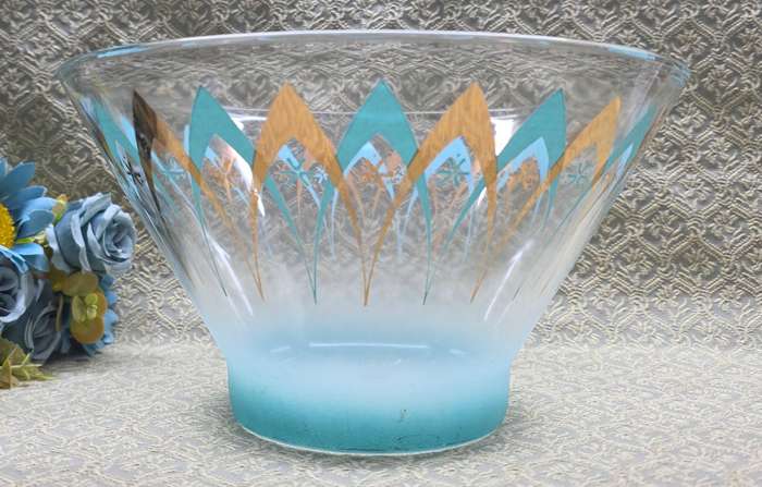 Vintage Anchor Hocking Mid Century Atomic Chip Serving Bowl, Blue & Gold