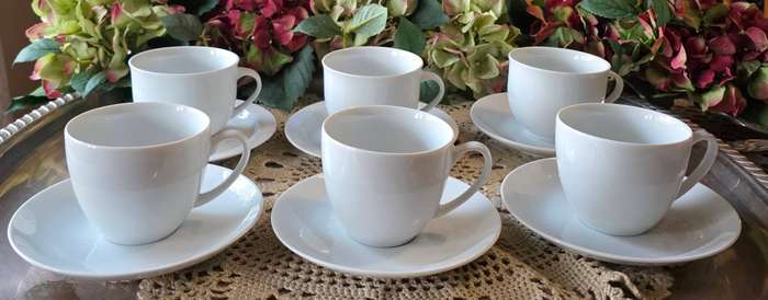 Set of 6 Tea Cups & Saucers  Mixed White Porcelain