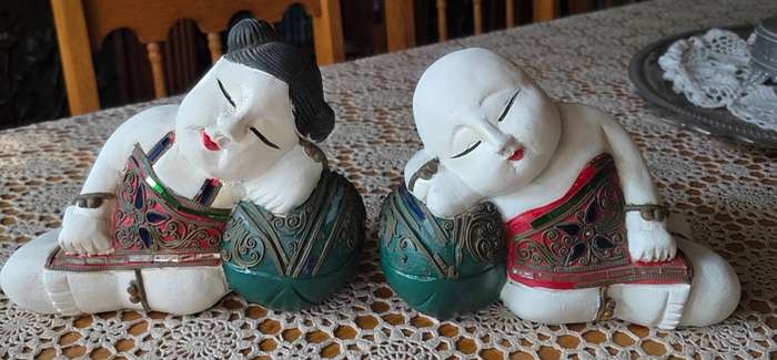 ORIENTAL boy and girl wood carving art sculpture