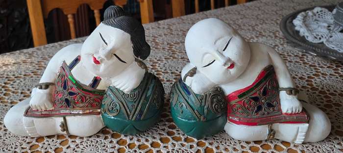 ORIENTAL boy and girl wood carving art sculpture